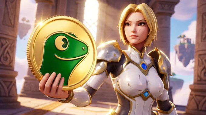 A fantasy-style digital artwork depicts a blonde female warrior in white and gold armor holding a large gold coin featuring a green frog face design, set against a temple backdrop.