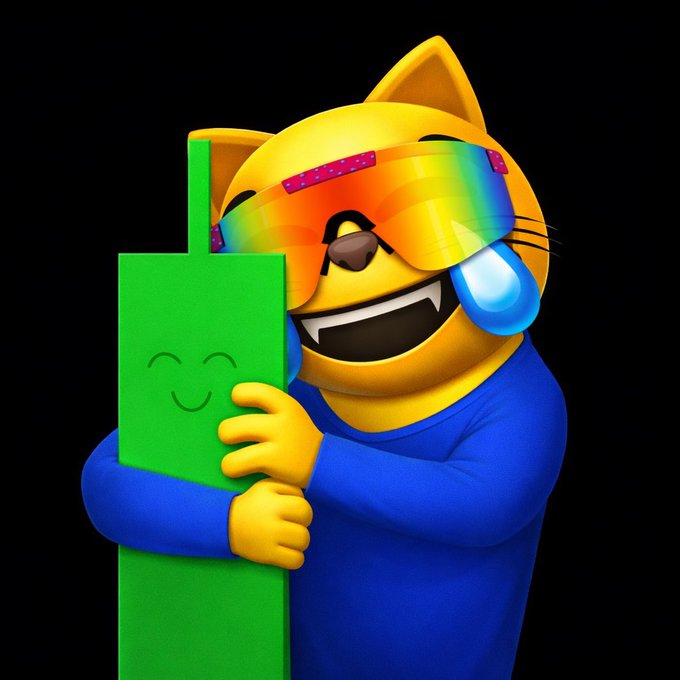 3D-rendered yellow cat mascot wearing rainbow reflective visor sunglasses and a blue shirt, joyfully hugging a smiling green rectangular character on a black background.