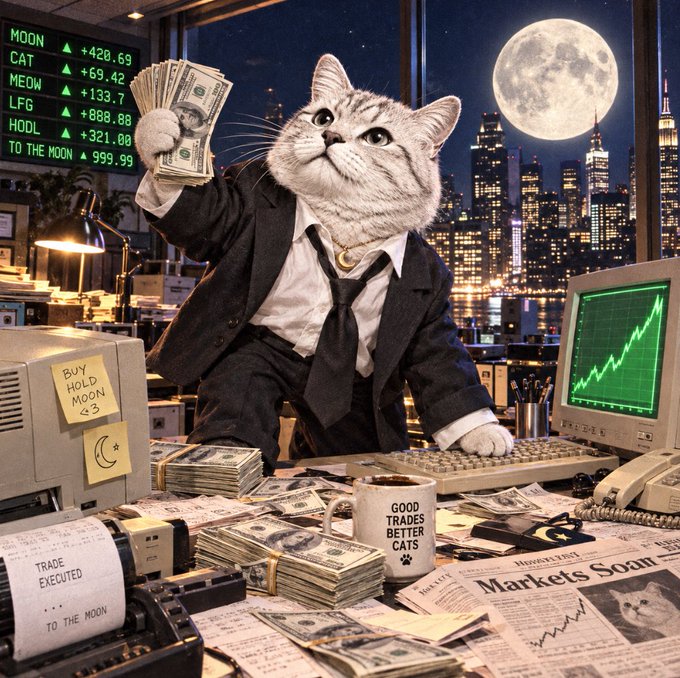 An AI-generated illustration of a cat in a suit holding cash in a stock trader's office with a 'TO THE MOON' stock ticker showing tickers MOON, CAT, MEOW, LFG, HODL, and a moon visible through the window.