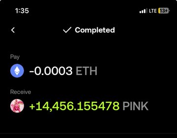 A completed transaction screenshot showing a swap of 0.0003 ETH for 14,456.155478 PINK tokens, illustrating the small ETH amount paid for a large quantity of the low market cap PINK memecoin mentioned in the post about buying at $50k MC and selling at $10k MC.