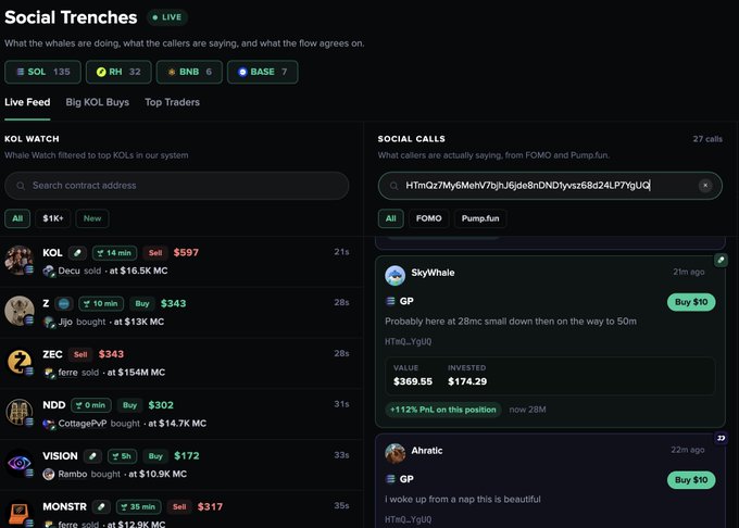 A screenshot of the "Social Trenches" dashboard on Moby Web displays real-time whale activity and social calls, with tabs for SOL, RH, BNB, and BASE, showing KOL Watch entries (KOL, Z, ZEC, NDD, VISION, MONSTR) and Social Calls from callers like SkyWhale and Abrastic discussing tokens at prices like $343 and $302. The post promotes pasting any contract address into the tool to view theses from major platforms, offering invite codes like MOBY-245NER for access.