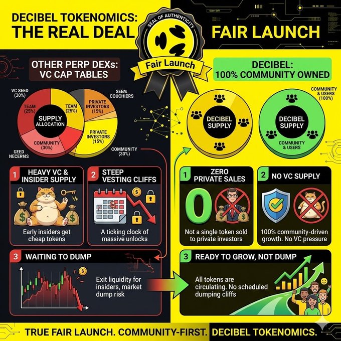 The image features an infographic about Decibel Trade, showcasing their plans for a fair launch that involves 100% ownership by the community. The infographic includes various elements such as logos, color schemes, logos, text panels, and diagrams explaining different aspects of the plan. It's centered around the concept of a true fair launch, emphasizing that Decibel Trade is not seeking VCs or private capital, but rather building from the ground up with a community-owned supply chain.