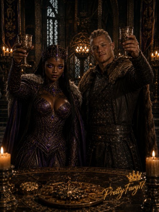 A fantasy illustration shows a woman in an ornate purple gown and crown standing beside a man in fur-trimmed armor, both raising goblets in a toast, with text reading 'PrettyFairyM'.