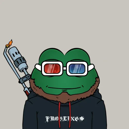 A cartoon illustration of the Pepe the Frog character wearing 3D glasses and a black hoodie with 'FROSTYS' text, holding a flaming blowtorch.
