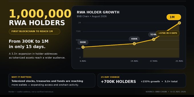 Infographic from BNB Chain celebrating 1,000,000 RWA Holders in August 2026, the first blockchain to reach this milestone, with a chart showing growth from 300K to 1M in 15 days (+233% growth, 3.3× total).