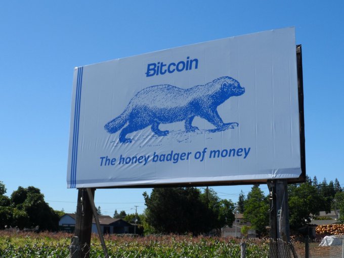 A roadside billboard displays a blue illustration of a honey badger with the text "Bitcoin" above it and "The honey badger of money" below.