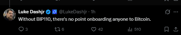 A tweet from Luke Dashjr (@LukeDashjr) reading "Without BIP110, there's no point onboarding anyone to Bitcoin," which the accompanying post cites as the catalyst for switching from Knots back to Bitcoin Core due to his ideological stance on BIP110.