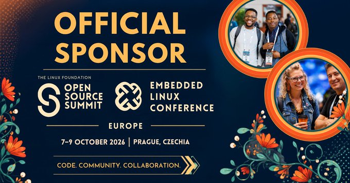 A promotional banner announcing an 'OFFICIAL SPONSOR' of The Linux Foundation's Open Source Summit and Embedded Linux Conference Europe, taking place 7-9 October 2026 in Prague, Czechia.