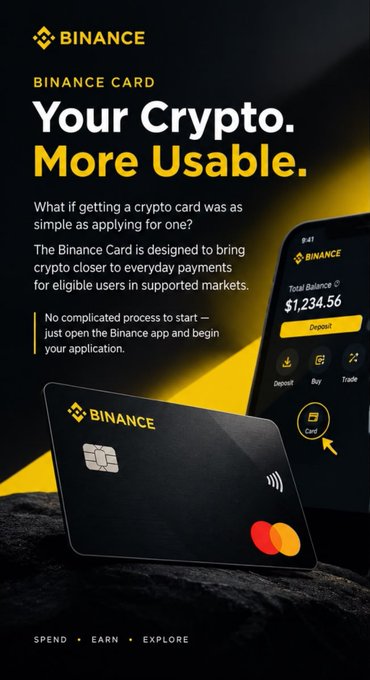 An advertisement for the Binance Card reading 'Your Crypto. More Usable.', showing a black debit card and a smartphone app displaying a total balance of $1,234.56.