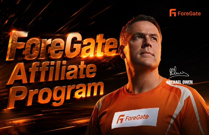 A promotional graphic for the 'ForeGate Affiliate Program' featuring footballer Michael Owen, whose name is signed on the image, wearing an orange ForeGate shirt.