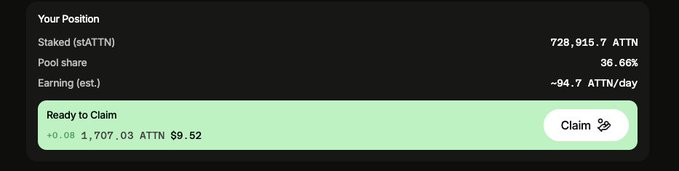 The image shows a crypto staking dashboard titled "Your Position" with 728,915.7 stATTN staked, a 36.66% pool share, and an estimated earning of ~94.7 ATTN/day, along with a "Ready to Claim" button for 0.08 (1,707.03 ATTN, $9.52)—suggesting the poster is mocking District0x (ATTN) for juggling too many projects instead of focusing on delivering solid staking returns.