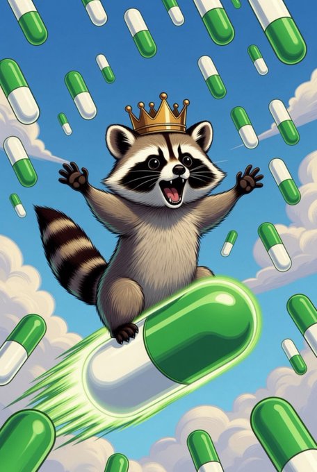 A cartoon raccoon wearing a golden crown rides a giant green-and-white pill like a rocket through a sky filled with more capsules, embodying the chaotic, meme-driven energy of the "Jimothy cult" taking over the timeline with playful, pill-powered absurdity.