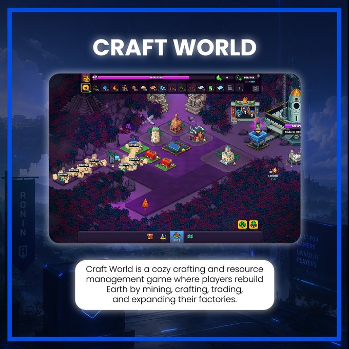 A promotional graphic showcasing "CRAFT WORLD," a cozy crafting and resource management game displayed on Ronin, featuring an in-game screenshot of a pixel-art factory-building scene set against a purple-hued forest landscape. The text highlights how players rebuild Earth through mining, crafting, trading, and expanding factories, with the ad directing viewers to angrydynomiteslab.com/craft-world to play.