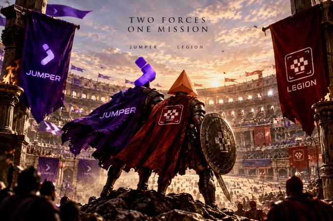 A fantasy-themed promotional graphic shows two armored warriors facing a colosseum crowd under a sunset sky, with banners reading 'JUMPER' and 'LEGION' and the headline 'TWO FORCES ONE MISSION'.