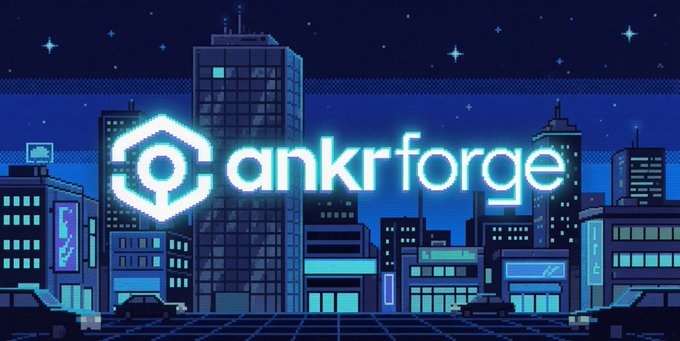 Pixel art nighttime cityscape featuring a glowing "ankrforge" logo with a hexagonal emblem in the foreground.