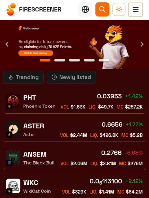 A screenshot of the Firescreener app interface showing a dark red themed page with trending and newly listed tokens including PHT (Phoenix Token) at 0.03953, ASTER at 0.6656, ANSEM at 0.2766, and WKC (WikiCat Coin) at 0.06113100.