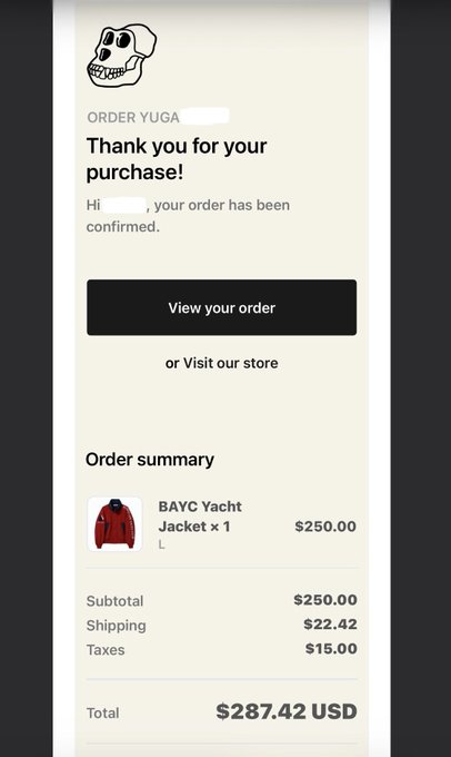 A confirmation email showing the purchase of a "BAYC Yacht Jacket" for $287.42 USD, aligned with the post confirming the buyer's BAYC-themed attire for an event.