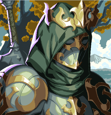 Stylized artwork of a green-hooded armored character with ornate gold and bronze detailing, resembling a video game character design.