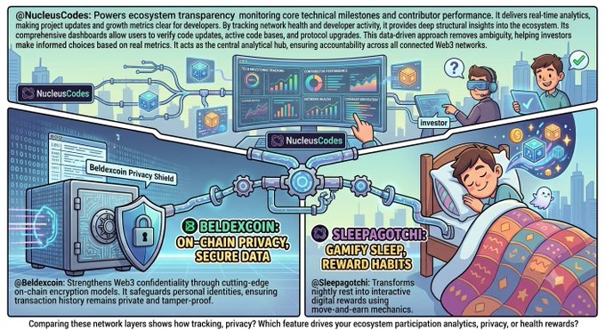 An illustrated infographic showing three features of 'NucleusCodes': transparency and analytics, Beldexcoin privacy, and Sleepagotchi sleep reward habits.