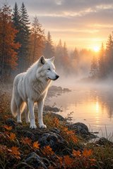 A white wolf stands on a rocky shore at sunset beside a misty lake surrounded by autumn forest, with warm orange leaves scattered on the ground.