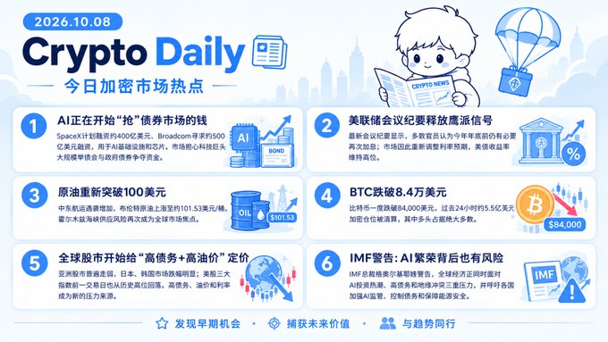A Chinese-language 'Crypto Daily' infographic dated 2026.10.08 covering six crypto market news items, including AI bond financing, US Federal Reserve signals, oil prices surpassing $100, BTC reaching $84,000, global stock indices at highs, and IMF warnings about AI.