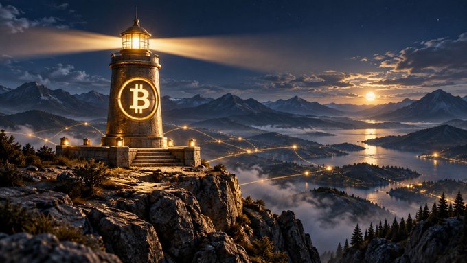 Artistic illustration of a Bitcoin lighthouse with the BTC logo, beaming light over a mountainous coastal landscape with a city below at sunset.