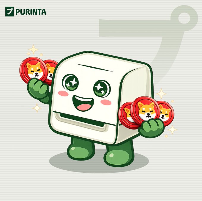 A cheerful cartoon toaster character holds red coins featuring Shiba Inu dog faces, promoting the announcement that $SHIB is now live on Purinta, where users can borrow against their tokens without selling them, as indicated by the "PURINTA" logo in the top-left corner and the accompanying caption directing viewers to app.purinta.xyz.