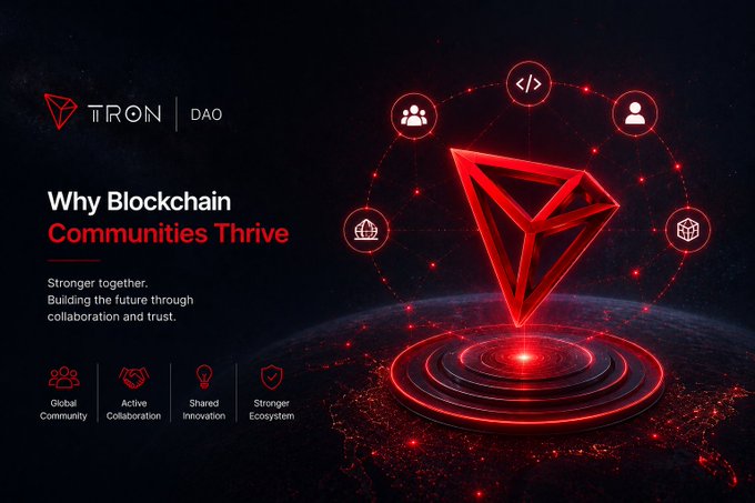 TRON DAO promotional graphic titled 'Why Blockchain Communities Thrive' featuring the red TRON logo with icons for Global Community, Active Collaboration, Shared Innovation, and Stronger Ecosystem.