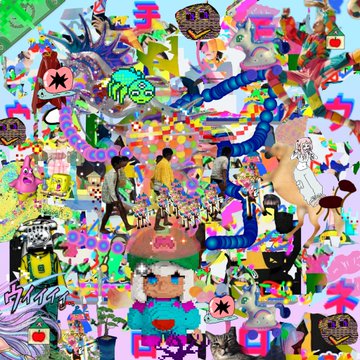 A chaotic, colorful digital collage filled with cartoon faces, creatures, and abstract shapes in vibrant neon hues.