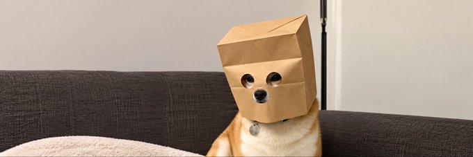 A cat sits on a sofa with a folded brown paper bag over its head, with eye and nose holes cut into it.