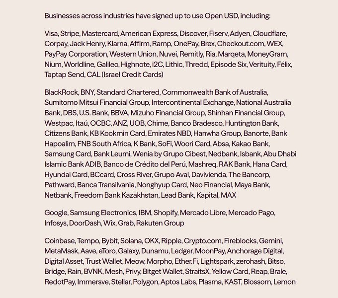 The image lists numerous businesses across industries that have signed up to use Open USD (OUSD), including major companies like Visa, Mastercard, BlackRock, Google, Coinbase, and Solana. The categorized lists highlight financial institutions, banks, tech companies, and crypto platforms adopting the OUSD protocol, which the post positions as a competitive alternative to stablecoins like USDC and USDT by passing yield directly to users and partners.