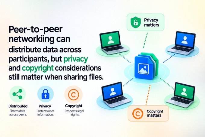 An infographic about peer-to-peer networking explains that while data can be shared across participants, privacy and copyright considerations still matter, illustrated with laptops connected to central icons for "Privacy matters" and "Copyright matters."