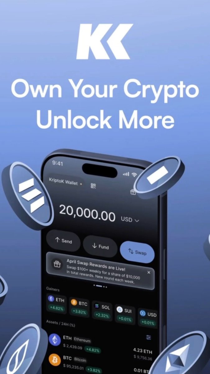 A crypto wallet app promotional graphic with 'KK' logo and text 'Own Your Crypto Unlock More', showing a phone displaying KriptoK Wallet with a $20,000.00 USD balance, ETH, BTC, SOL, and SUI prices, plus floating crypto coin icons.