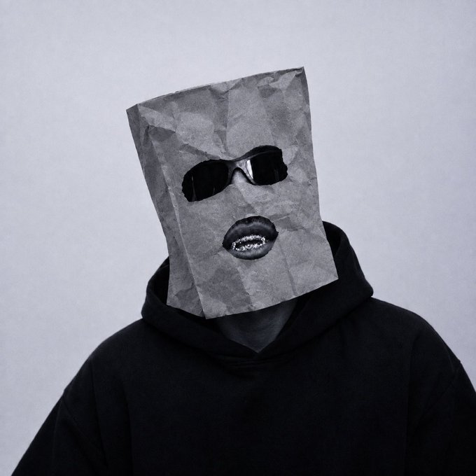 A black-and-white photo shows a person in a black hoodie wearing a crumpled paper bag over their head, with sunglasses and glittery lips visible through cutouts.