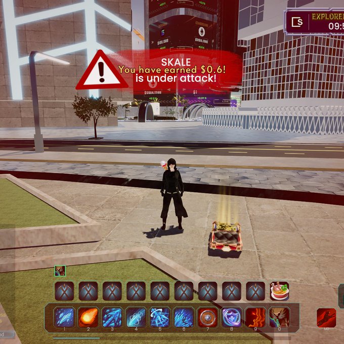 Screenshot of a 3D MMORPG game showing a female character next to a treasure chest, with a red warning message: 'SKALE You have earned $0.6! is under attack!' and a skill bar at the bottom.