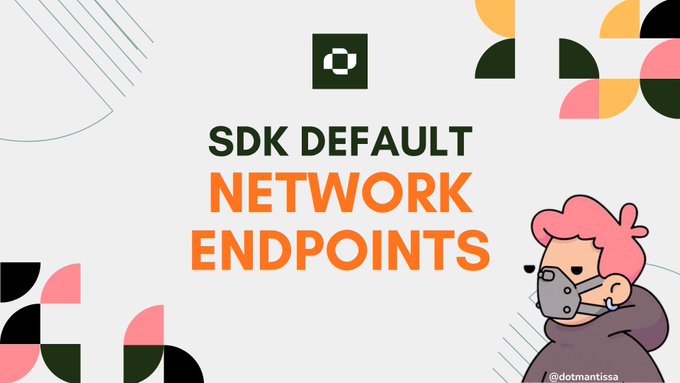 The image is a stylized graphic featuring the text "SDK DEFAULT NETWORK ENDPOINTS" alongside a cartoon character with pink hair wearing a gas mask and hoodie, signed by @dotmantissa, illustrating the post's point about how the Utexo SDK provides pre-configured default network endpoints—specifically tailored for the RGB protocol—so developers can bypass tedious setup and start coding right away.