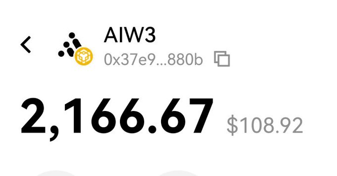 A crypto wallet display showing a balance of 2,166.67 tokens for AIW3 (address 0x37e9...880b) valued at $108.92.