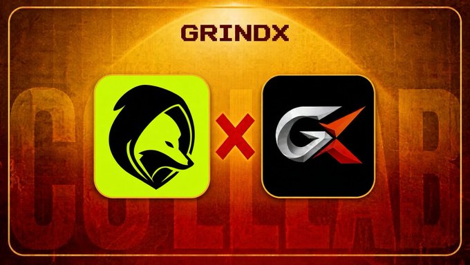 A 'GRINDX' collaboration graphic featuring two app icons - a yellow icon with a fox/fox-like creature on the left, a red 'X' in the middle, and a black icon with a silver and red 'G' logo on the right, against an orange background.