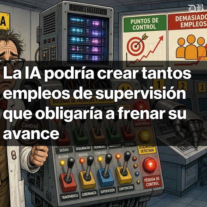 An illustration of a worried-looking scientist at a machine control panel with Spanish text reading 'La IA podría crear tantos empleos de supervisión que obligaría a frenar su avance', with signs labeled 'PUNTOS DE CONTROL' and 'DEMASIADO EMPLEOS'.