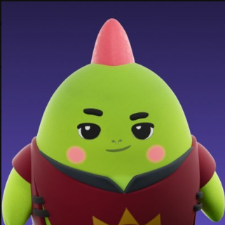 The image features a green, cartoon-like character wearing a red shirt with a crown on its head. The character has spiky hair and a pink top hat that matches the color of its hair. It appears to be smiling at the camera, giving off a friendly vibe. The background is dark purple, which contrasts with the bright colors of the character's outfit and adds depth to the image.