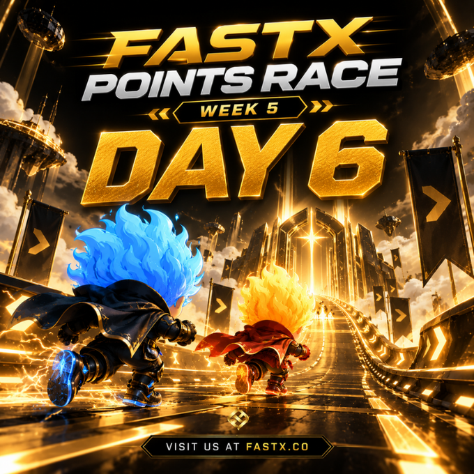 A promotional graphic for 'FASTX POINTS RACE WEEK 5 DAY 6' features two anime-style characters with blue and orange flame-like hair running through a golden, futuristic city, with 'VISIT US AT FASTX.CO' at the bottom.