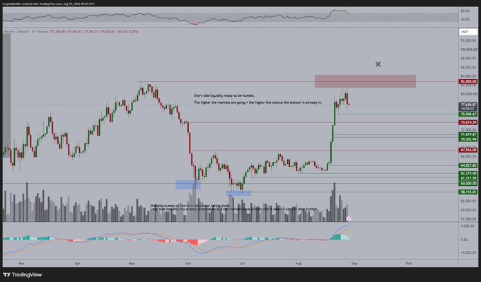 A TradingView chart of Bitcoin (BTC/USD) on the daily timeframe showing price action around $77,638, with annotated horizontal resistance near $81,800 and a highlighted consolidation zone. The chart visually supports the post's bullish thesis, illustrating the recent dip toward $74K that was bought up quickly and the path toward a potential $90K target, with text overlays noting "Short side liquidity ready to be hunted" and referencing high timeframe trend changes.