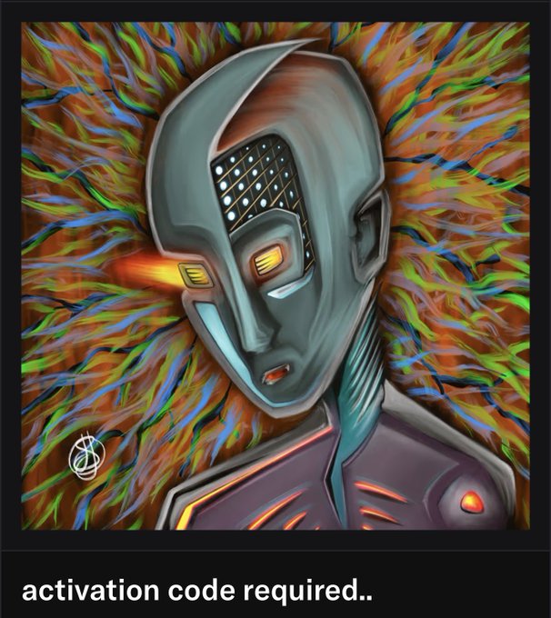 A digital painting of a metallic humanoid robot with glowing orange eyes against a colorful, vibrant background, captioned 'activation code required..'