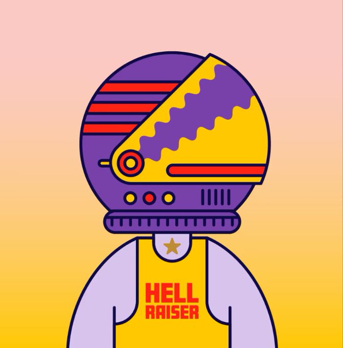 A digital illustration of an astronaut wearing a yellow and purple helmet with the text "HELL RAISER" displayed on their suit.