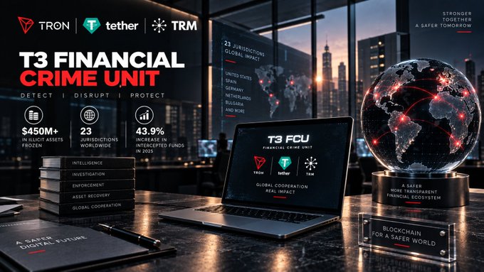 A promotional graphic for the 'T3 FINANCIAL CRIME UNIT' featuring logos for TRON, tether, and TRM, highlighting $450M+ in illicit assets frozen, 23 jurisdictions worldwide, and a 43.9% increase in intercepted funds in 2025, alongside a laptop and globe.