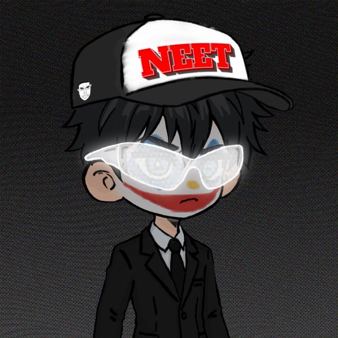 The image features a cartoon man with glasses wearing a black hat that has "NEET" written on it, along with red lettering. He's also wearing a suit and tie, giving him a formal appearance. The text of the post includes various phrases such as "@derp_trade in school, i already knew i wanted to be unemployment today i want to enjoy leverage on derp thank you for your attention to this matter". This message seems to be aimed at creating a sense of humor and light-heartedness towards the post.