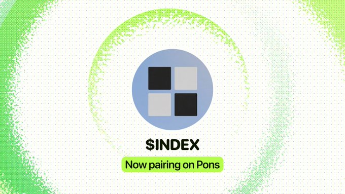 A promotional graphic for $INDEX features a blue circular logo with a four-square emblem, set against a green splattered background, with a "Now pairing on Pons" badge below. The image announces the new token pairing availability for TheIndexFi's stock token ecosystem on the Pons platform.