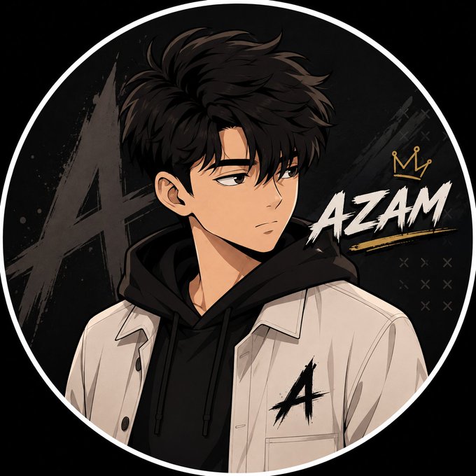 An anime-style circular profile logo featuring a dark-haired young man in a white jacket and black hoodie, labeled 'AZAM' with a crown icon.