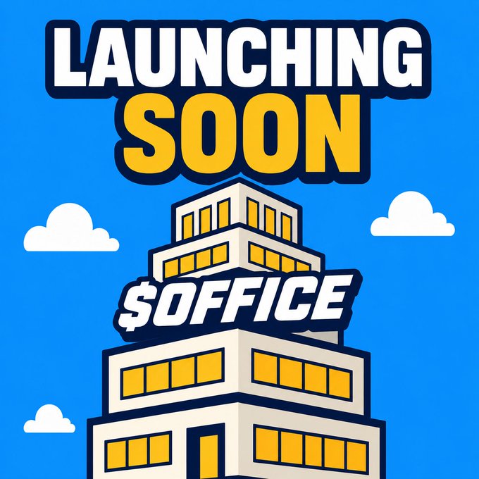 A blue and yellow illustrated poster announcing '$OFFICE LAUNCHING SOON,' featuring a stacked building design with a dollar sign replacing the 'O'.