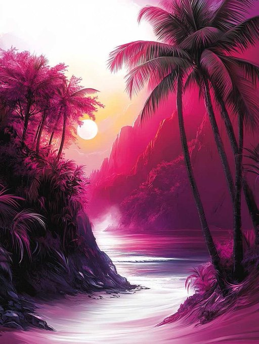 A vibrant pink and magenta tropical landscape illustration featuring silhouetted palm trees, mountains, and a glowing sun setting over water.
